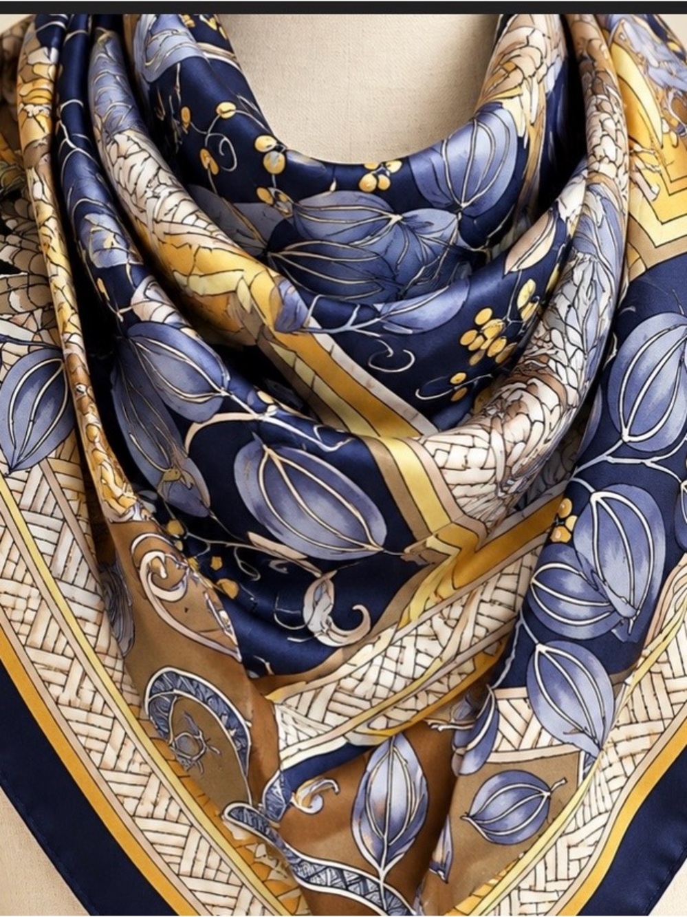 Silk-Feel Blue and Gold Botanical Scarf - Brand Unknown